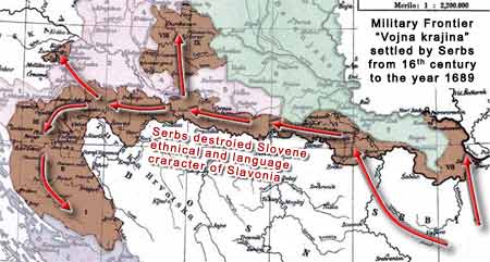 Only in 1689 200,000 Serbs immigrated in Military Frontier of Slavonia and north Dalmatia; Serbs destroyed Slovene culture and language; Samo leta 1689 se je v Vojno krajino v Slavoniji in severni Dalmaciji priselilo 200.000 Srbov, ki so uničili slovensko kulturo in jezik