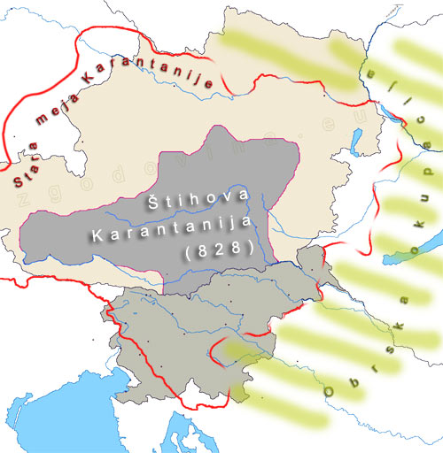 Karantanija pred bavarsko in obrsko okupacijo; Štih 828; Carantania before Bavarian and Avar occupation. Eastern border moved interior.