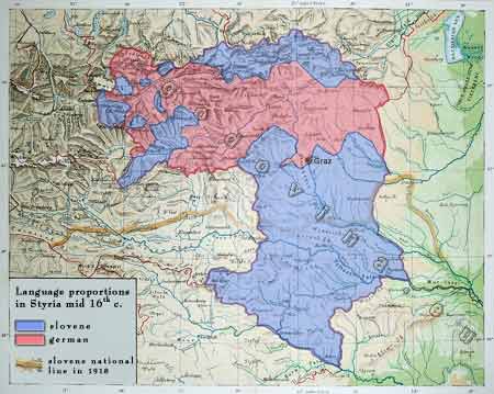 language proportions in Styria mid 16th century, slovene, german, language, slovene national line 1918